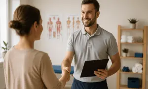 Fizjoterapeuta wita pacjentkę, podając jej rękę i trzymając teczkę.