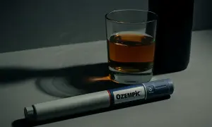 Ozempic i alkohol – trudny wybór. Strzykawka leży obok szklanki z bursztynowym płynem.