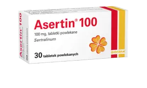 Opakowanie leku Asertin 100 mg, zawierającego sertralinę. Przed zastosowaniem należy zapoznać się z ulotką dotyczącą możliwych skutków ubocznych.