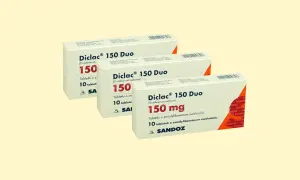 Opakowania leku Diclac 150 Duo, zawierające tabletki o zmodyfikowanym uwalnianiu.