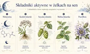 Melatonina, kluczowy składnik wspierający zasypianie, przedstawiona obok innych ziół na sen.