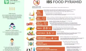 Piramida żywienia dla zespołu jelita drażliwego (IBS). Dieta niskofODMAP, błonnik, probiotyki, aktywność fizyczna.
