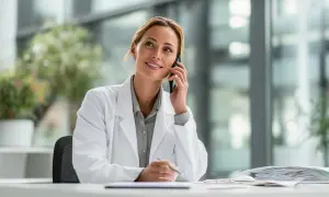 Kobieta w białym kitlu rozmawia przez telefon, siedząc przy biurku.