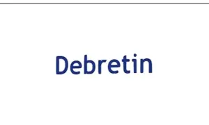 Niebieski napis "Debretin" na białym tle. Czy stosować Debretin przed czy po jedzeniu?