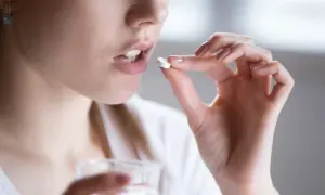 Kobieta bierze tabletkę clindamycin mip 600. Pije wodę, unikając alkoholu podczas leczenia.