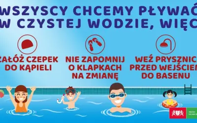 Co wziąć na basen? Czepek, klapki i prysznic przed wejściem to podstawa. Dzieci w wodzie bawią się z piłką i kółkiem.