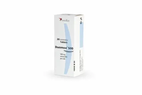 Opakowanie leku Duomox 500 mg, zawierające 20 tabletek dyspergowalnych z amoksycyliną, stosowane w leczeniu infekcji bakteryjnych.