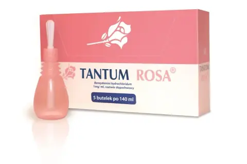 Tantum Rosa po porodzie: różowa buteleczka z aplikatorem i opakowanie z różą. Pomoc w higienie intymnej.