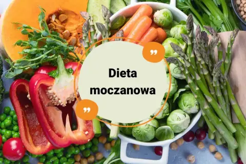 Zdrowe warzywa i napisy "Dieta moczanowa". Brokuły, dynia, papryka, marchew, szparagi, brukselka, fasolka, pomidory.