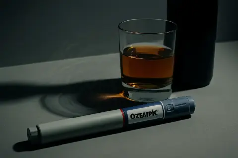 Ozempic i alkohol – trudny wybór. Strzykawka leży obok szklanki z bursztynowym płynem.