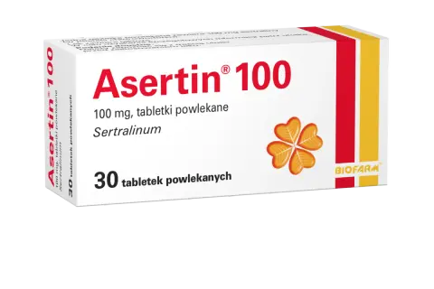 Opakowanie leku Asertin 100 mg, zawierającego sertralinę. Przed zastosowaniem należy zapoznać się z ulotką dotyczącą możliwych skutków ubocznych.