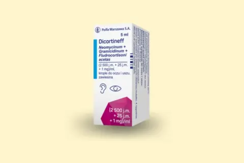 Opakowanie kropli do oczu i uszu Dicortineff bez recepty. Zawiera neomycynę, gramicydynę i fludrokortyzon.