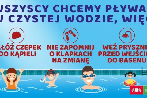 Co wziąć na basen? Czepek, klapki i prysznic przed wejściem to podstawa. Dzieci w wodzie bawią się z piłką i kółkiem.