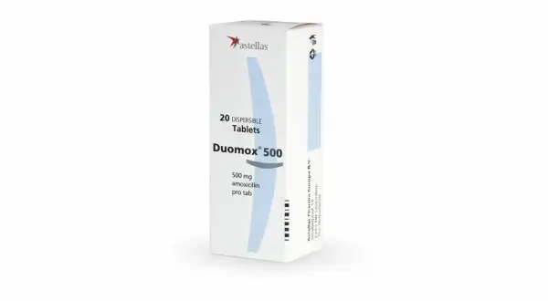 Opakowanie leku Duomox 500 mg, zawierające 20 tabletek dyspergowalnych z amoksycyliną, stosowane w leczeniu infekcji bakteryjnych.