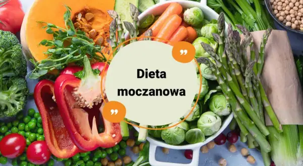 Zdrowe warzywa i napisy "Dieta moczanowa". Brokuły, dynia, papryka, marchew, szparagi, brukselka, fasolka, pomidory.
