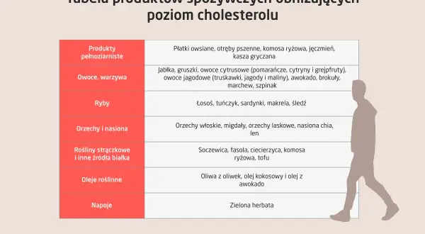 Tabela produktów obniżających cholesterol: pełnoziarniste, owoce, warzywa, ryby, orzechy, nasiona, strączkowe, oleje, napoje.