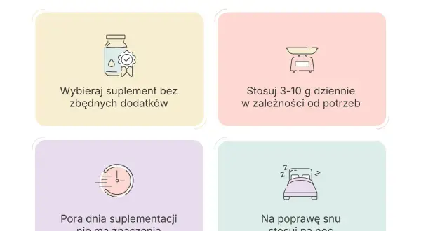 Glicyna co to? Porady dotyczące suplementacji: wybieraj czysty produkt, stosuj 3-10g dziennie, pora dnia nie ma znaczenia, na sen przyjmuj wieczorem.