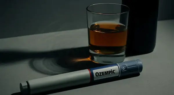 Ozempic i alkohol – trudny wybór. Strzykawka leży obok szklanki z bursztynowym płynem.