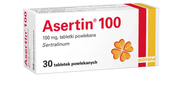 Opakowanie leku Asertin 100 mg, zawierającego sertralinę. Przed zastosowaniem należy zapoznać się z ulotką dotyczącą możliwych skutków ubocznych.