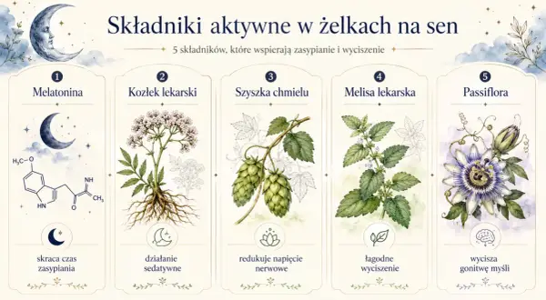 Melatonina, kluczowy składnik wspierający zasypianie, przedstawiona obok innych ziół na sen.