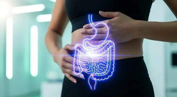 Kobieta trzyma się za brzuch, gdzie widoczny jest neonowy zarys układu pokarmowego. Dowiedz się, jak leczyć uchylki esicy.