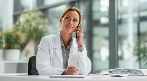 Kobieta w białym kitlu rozmawia przez telefon, siedząc przy biurku.