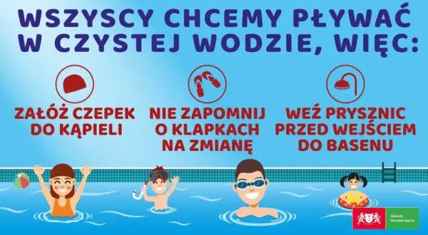 Co wziąć na basen? Czepek, klapki i prysznic przed wejściem to podstawa. Dzieci w wodzie bawią się z piłką i kółkiem.