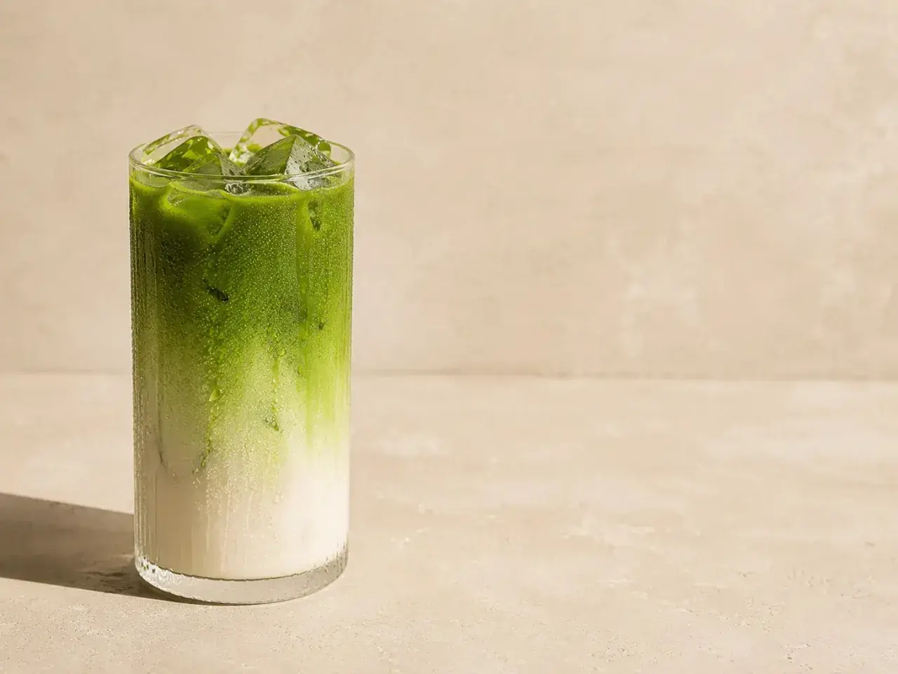 Orzeźwiająca matcha do picia z lodem w szklance, z widocznym podziałem na mleko i zielony napój.