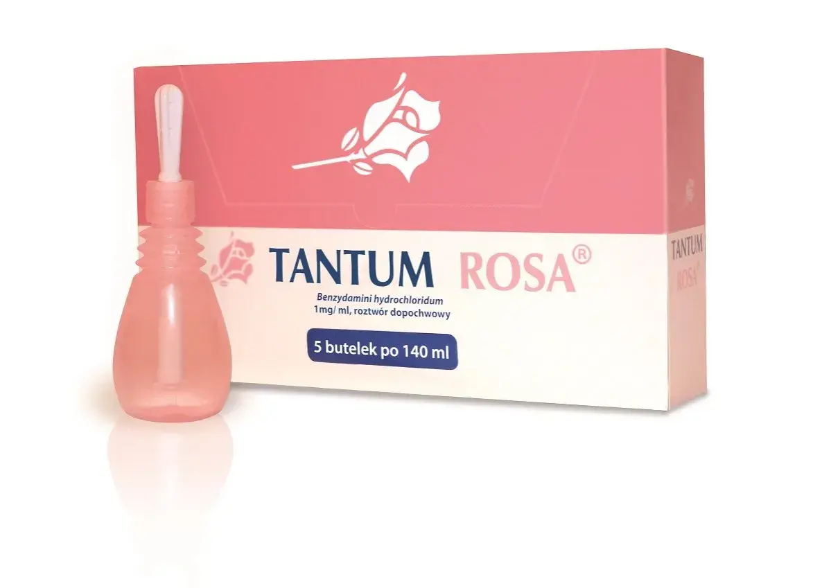 Tantum Rosa po porodzie: różowa buteleczka z aplikatorem i opakowanie z różą. Pomoc w higienie intymnej.