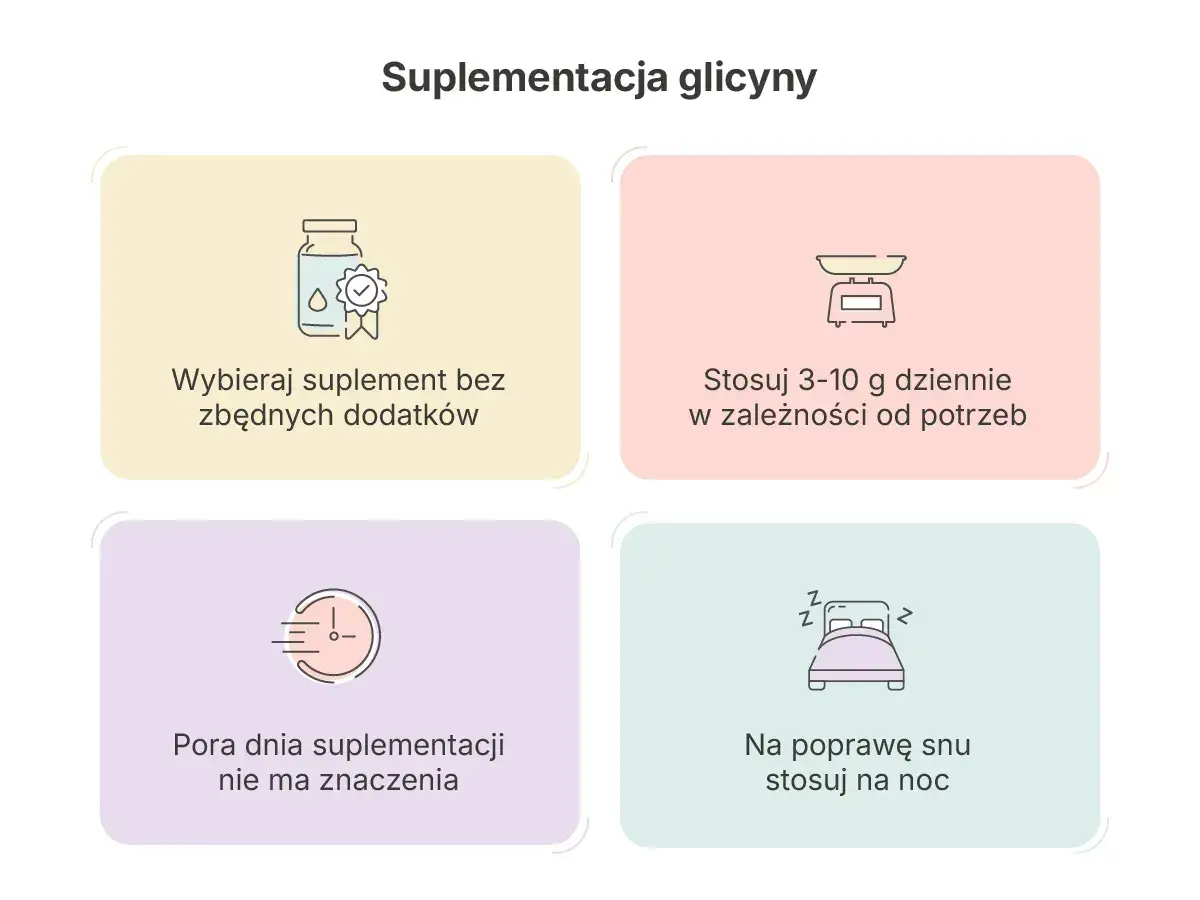 Glicyna co to? Porady dotyczące suplementacji: wybieraj czysty produkt, stosuj 3-10g dziennie, pora dnia nie ma znaczenia, na sen przyjmuj wieczorem.