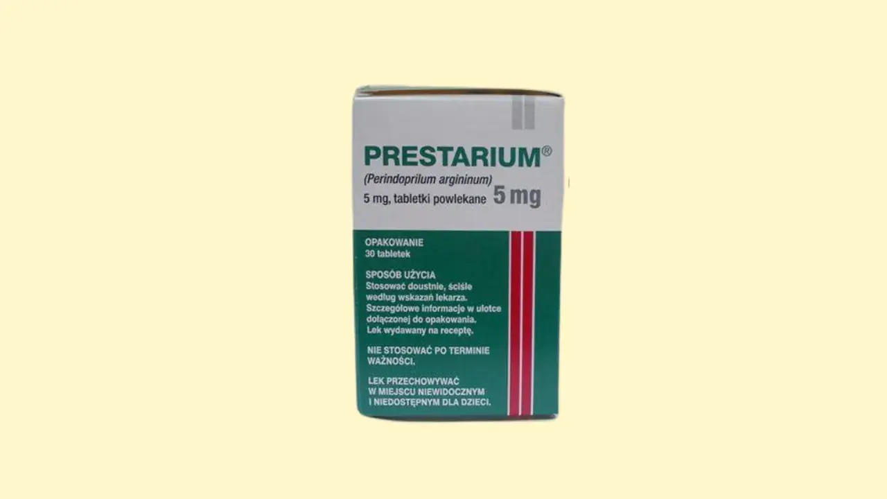 Opakowanie leku Prestarium 5 mg, stosowanego na nadciśnienie. Zawiera 30 tabletek powlekanych.