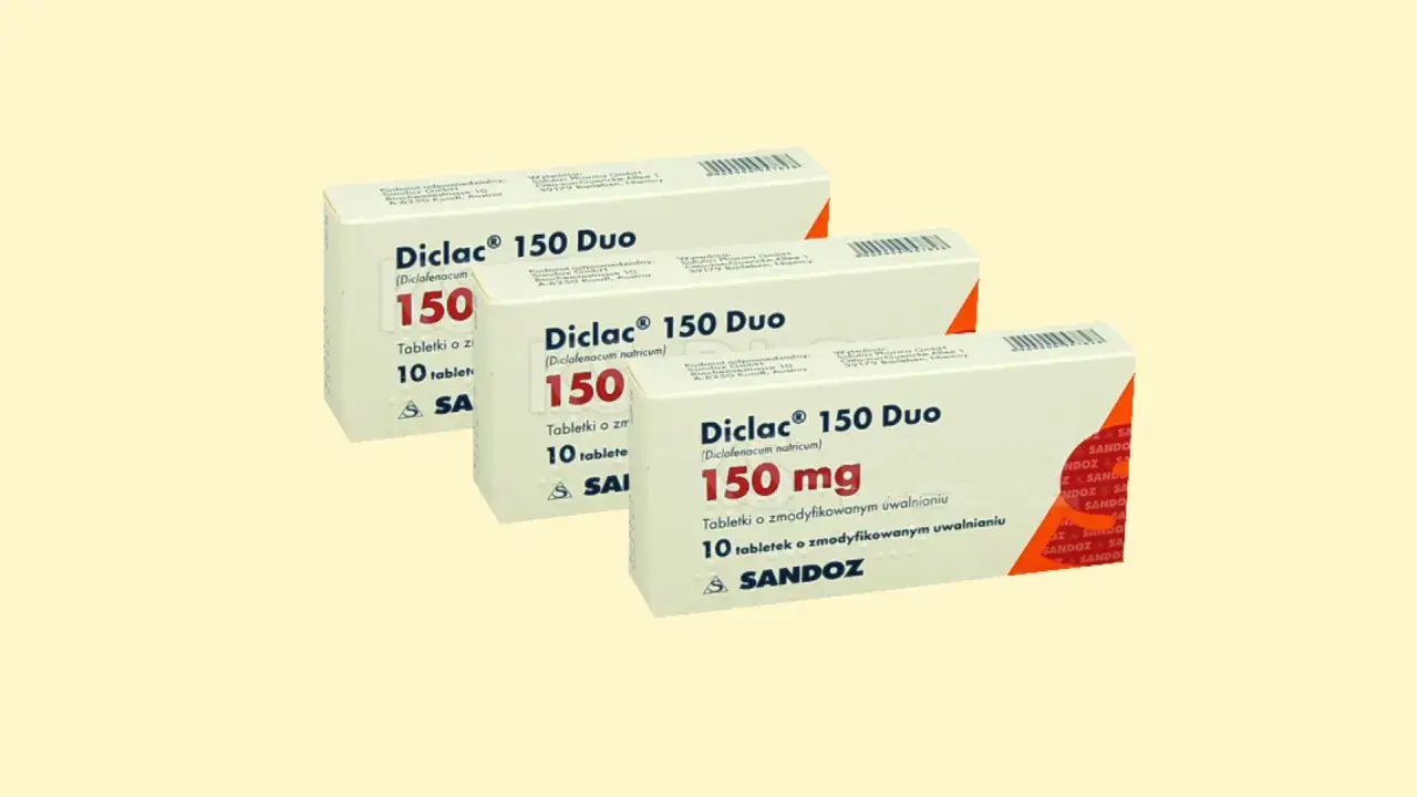 Opakowania leku Diclac 150 Duo, zawierające tabletki o zmodyfikowanym uwalnianiu.