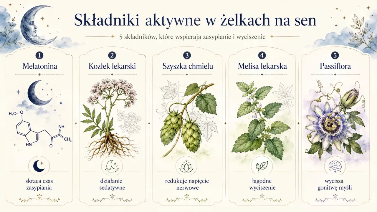 Melatonina, kluczowy składnik wspierający zasypianie, przedstawiona obok innych ziół na sen.