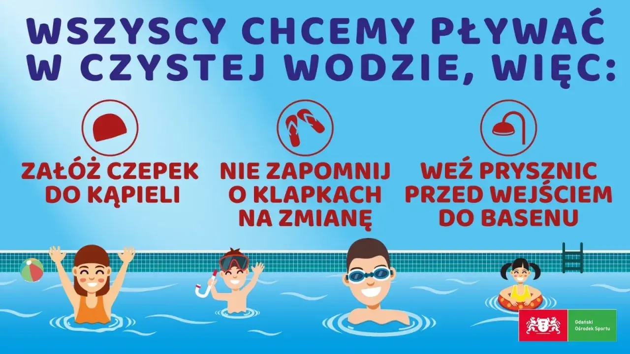 Co wziąć na basen? Czepek, klapki i prysznic przed wejściem to podstawa. Dzieci w wodzie bawią się z piłką i kółkiem.