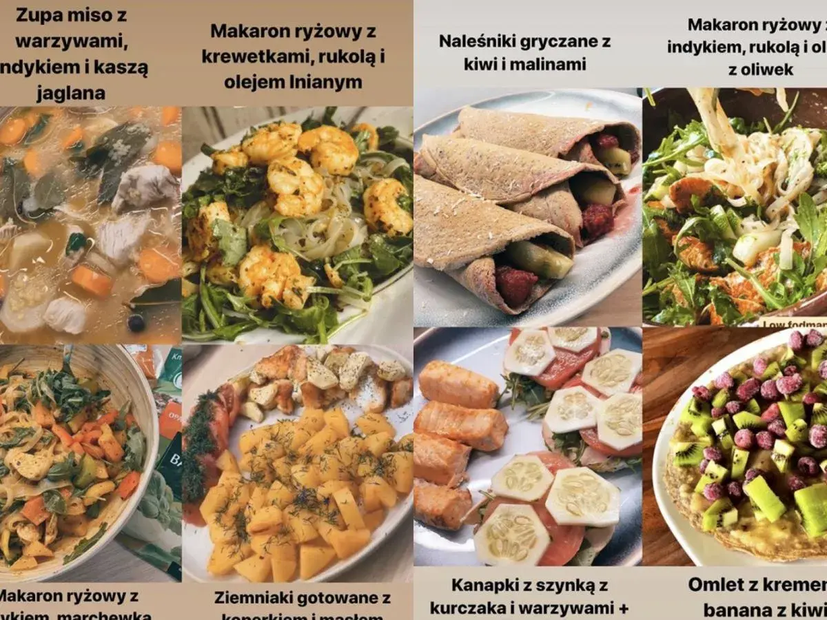 Przykłady dań na dieta fodmap: zupa miso, makaron ryżowy z krewetkami, naleśniki gryczane, omlet z kiwi.