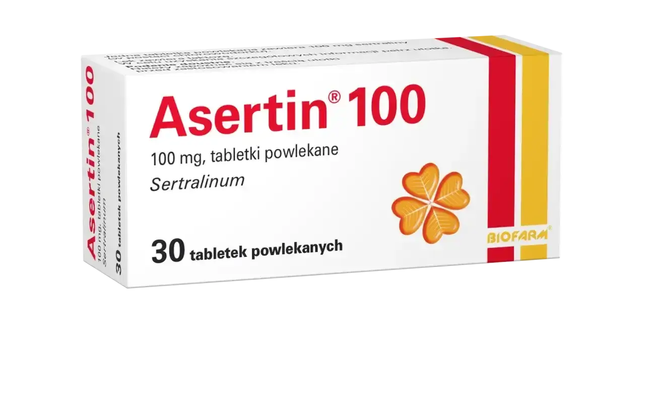 Opakowanie leku Asertin 100 mg, zawierające 30 tabletek powlekanych. Stosowany na depresję i inne zaburzenia.