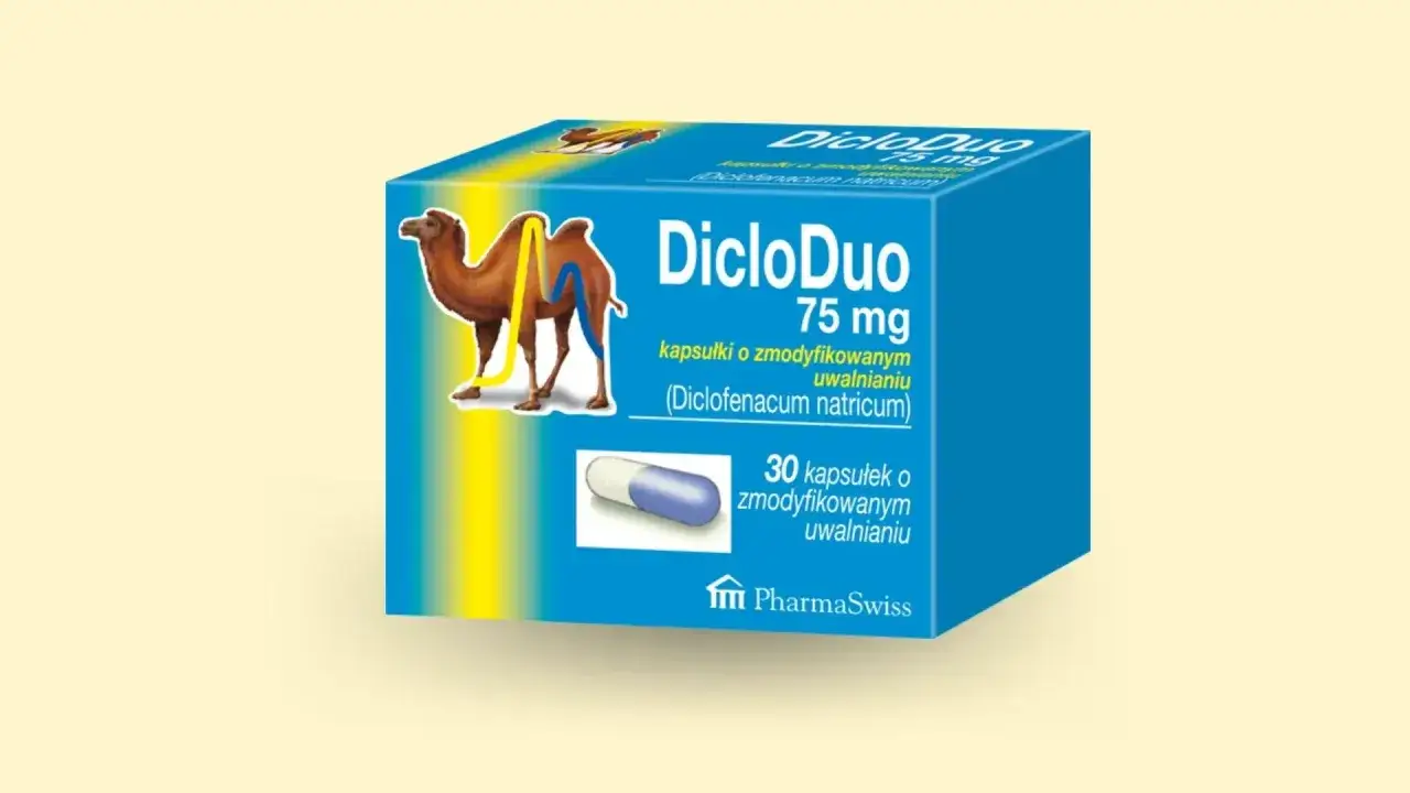 Opakowanie DicloDuo 75 mg z wielbłądem, pomocne przy bólach kręgosłupa. 30 kapsułek o zmodyfikowanym uwalnianiu.