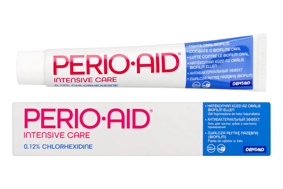 Elugel na co? Dwa opakowania Perio-Aid Intensive Care z chlorheksydyną, zwalczające biofilm.