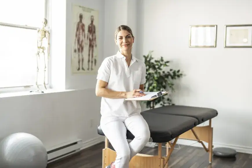Fizjoterapeuta w pracy, nowoczesny gabinet fizjoterapii