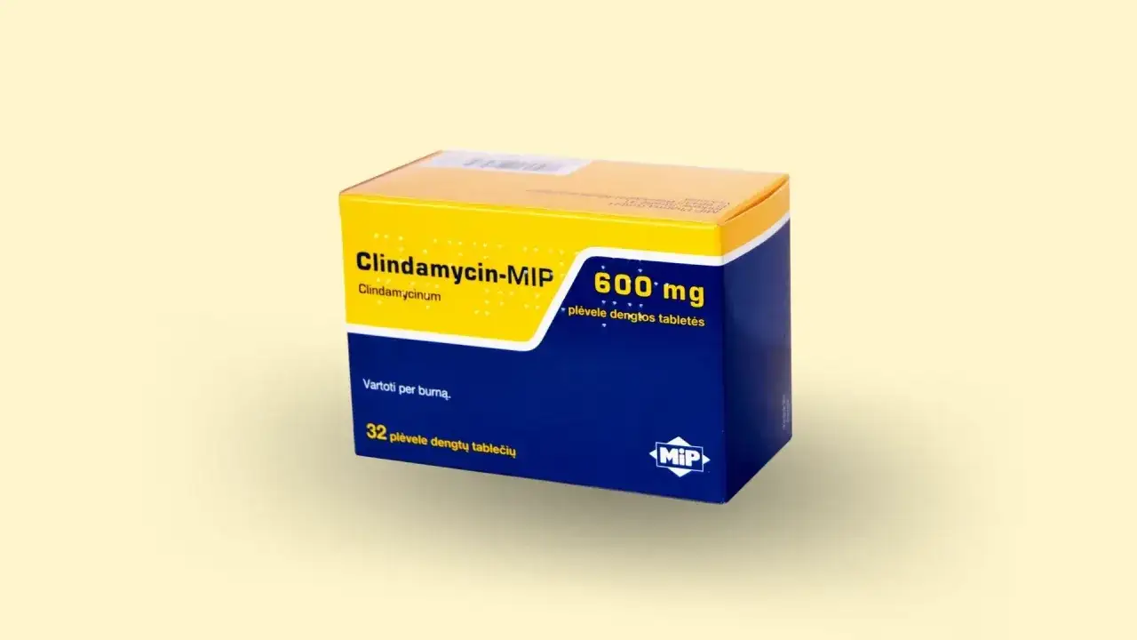 Opakowanie Clindamycin-MIP 600 mg, antybiotyk na ból zęba, zawiera 32 tabletki.