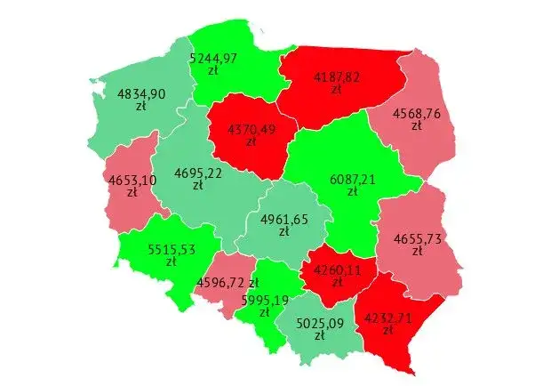 Mapa Polski zarobki opiekunów