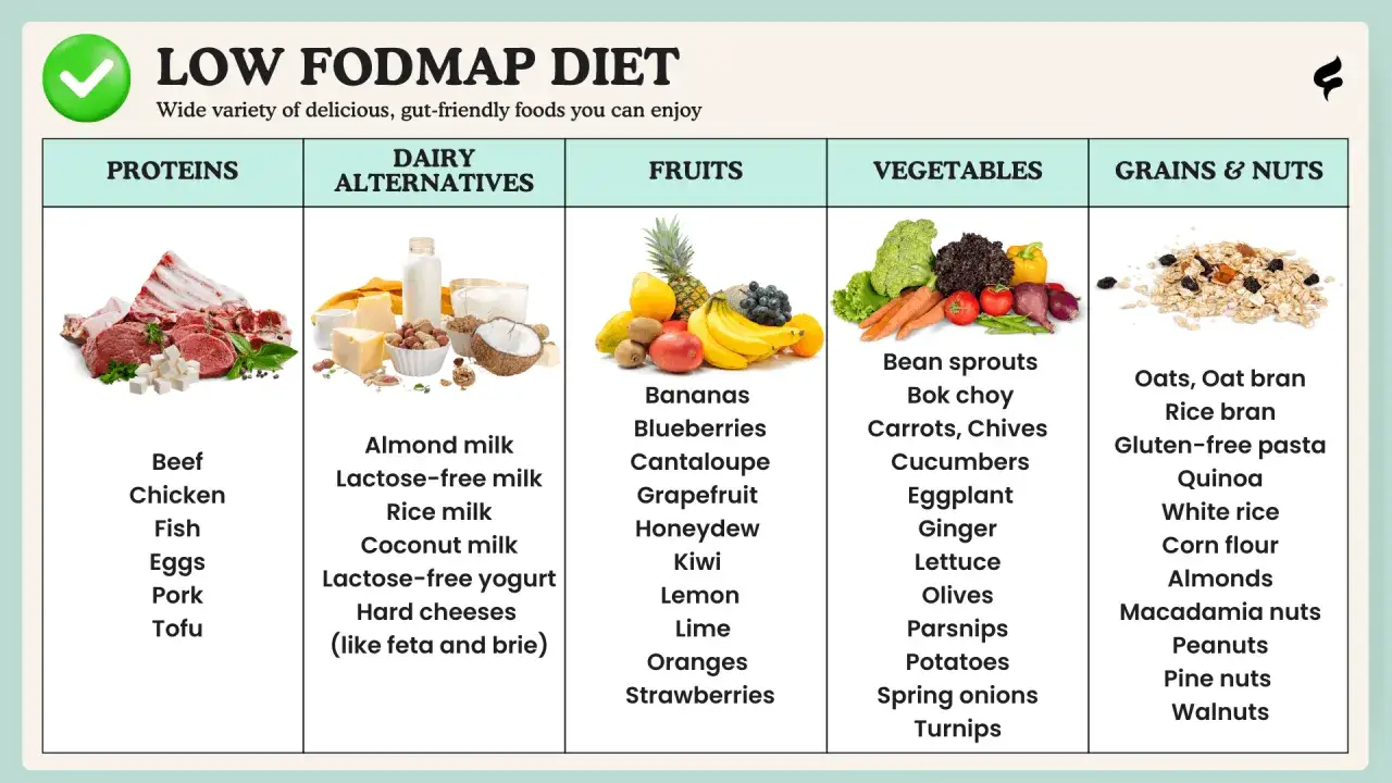 Tabela z produktami dozwolonymi w diecie low FODMAP: białka, zamienniki nabiału, owoce, warzywa, zboża i orzechy. Pomoc w diecie przy zespole jelita drażliwego.