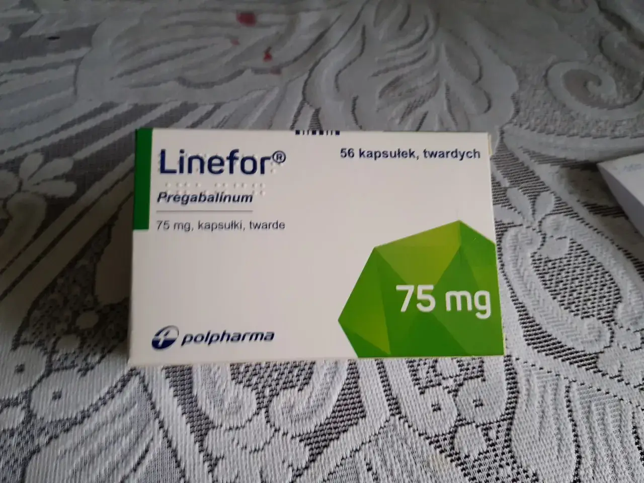 Linefor 75 mg, lek egzysta na nerwicę, zawiera pregabalinum. Opakowanie 56 kapsułek.