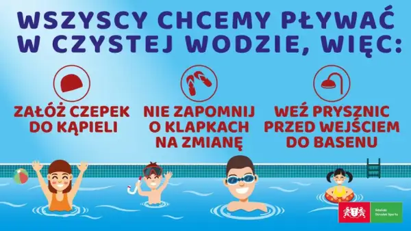 Co wziąć na basen? Czepek, klapki i prysznic przed wejściem to podstawa. Dzieci w wodzie bawią się z piłką i kółkiem.